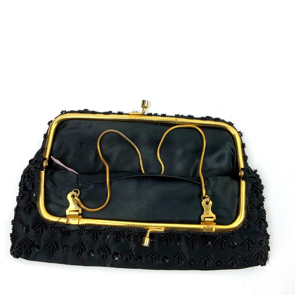 Vintage 60s Black Satin Silk Beaded and Sequined Evening Party Clutch/Bag - Picture 9 of 16